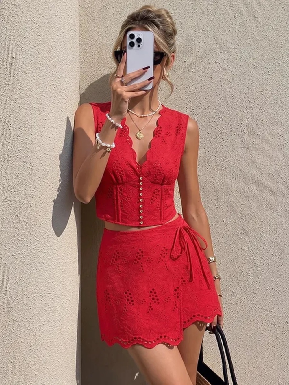 Commense Eyelet Embroidery V-Neck Tie Waist Mini Skirt Set
